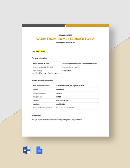 FREE Work From Home Form Template - Download in Word, Google Docs, PDF ...