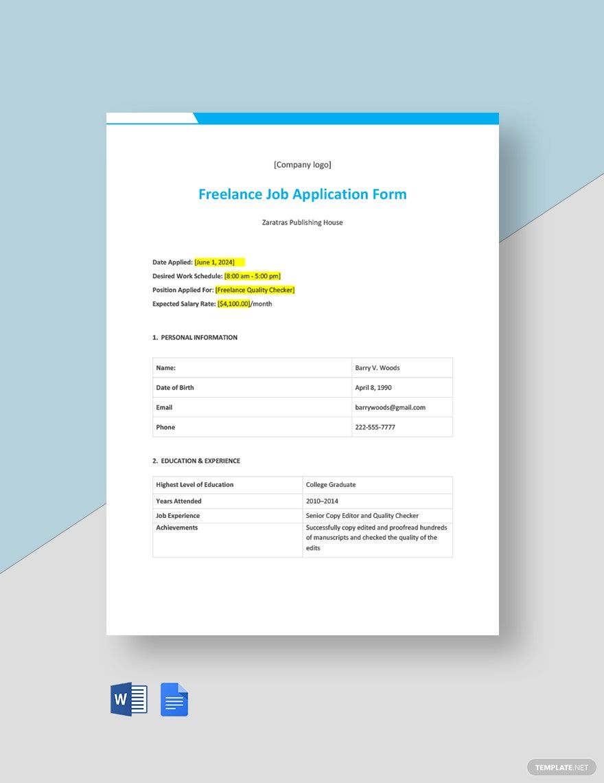 Freelance Job Application Form Template