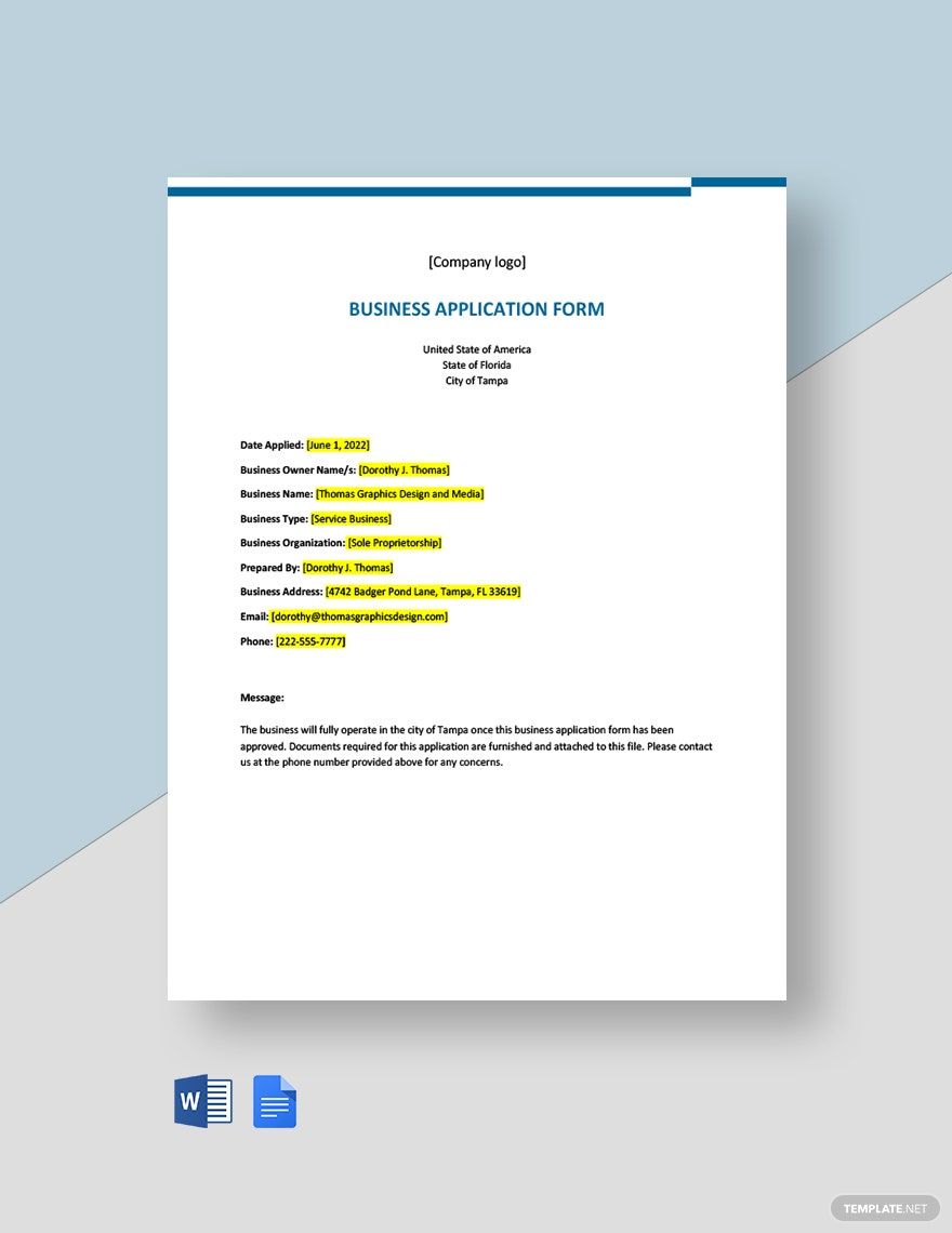 Free Freelance Business Application Form Template