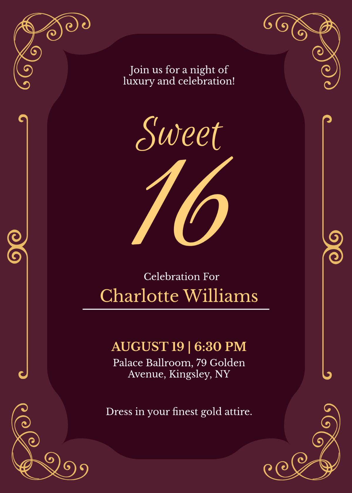 Free Royal Gold Sweet 16 Invitation Template