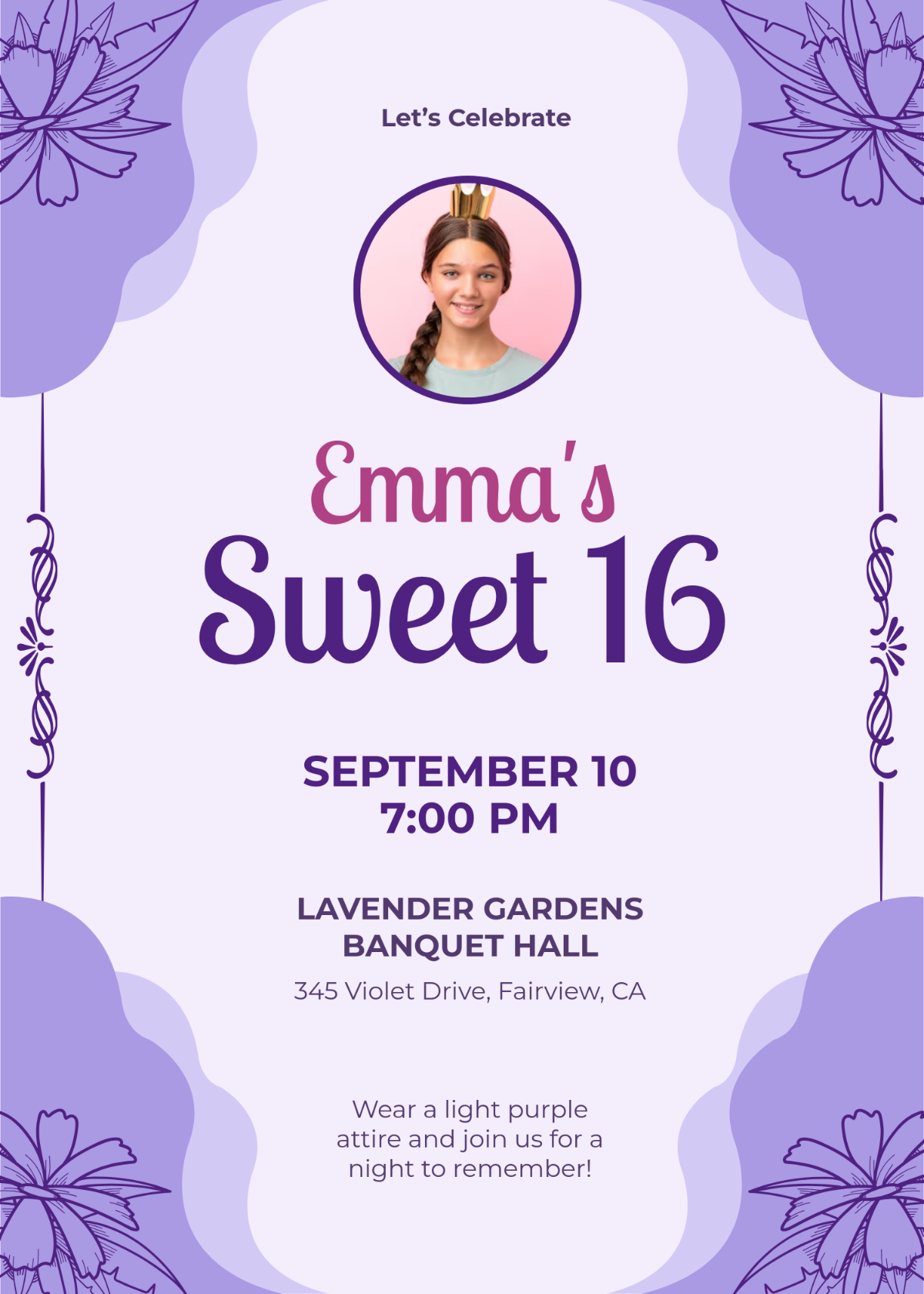 Free Light Purple Sweet 16 Invitation Template