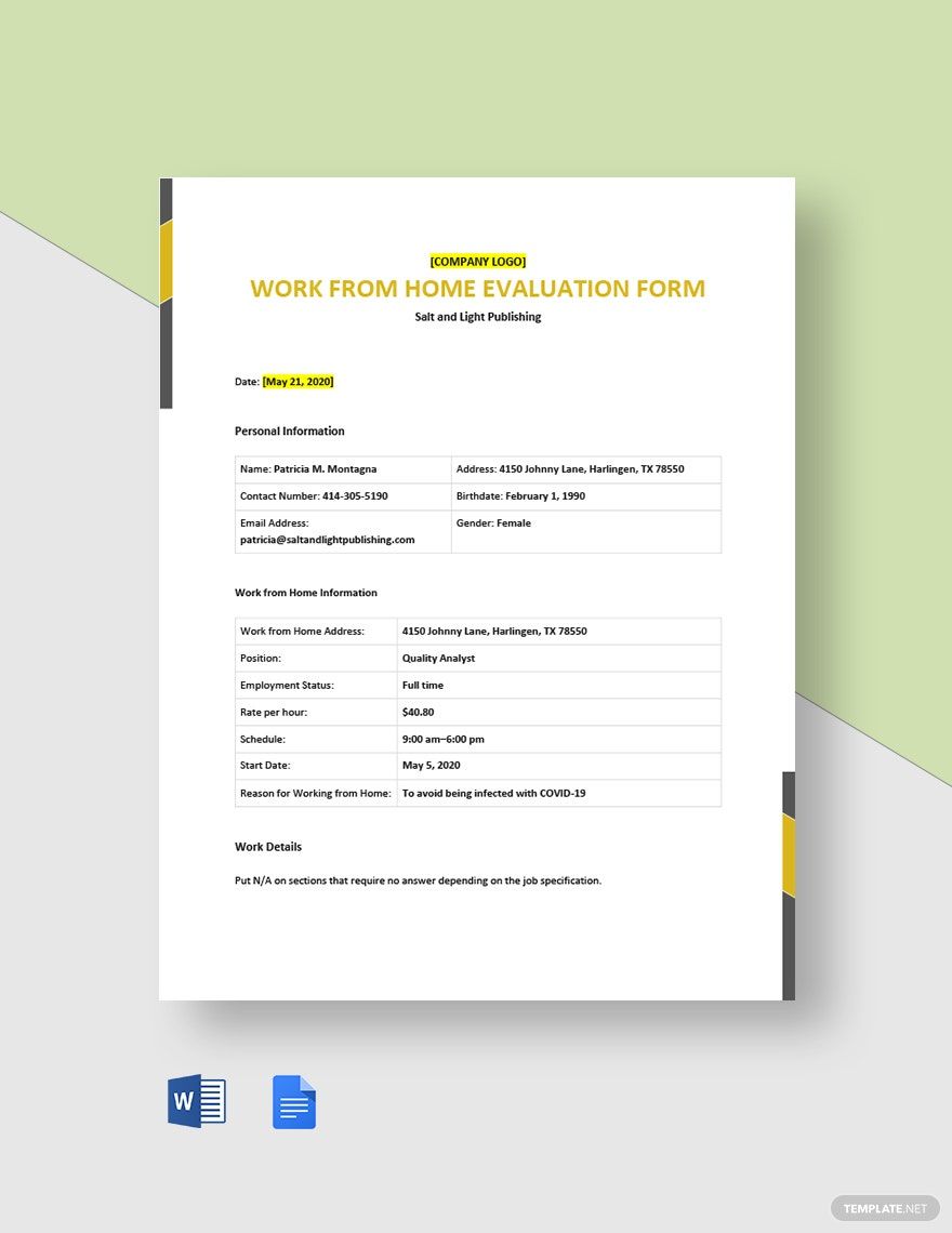 Free Work From Home Evaluation Form Template
