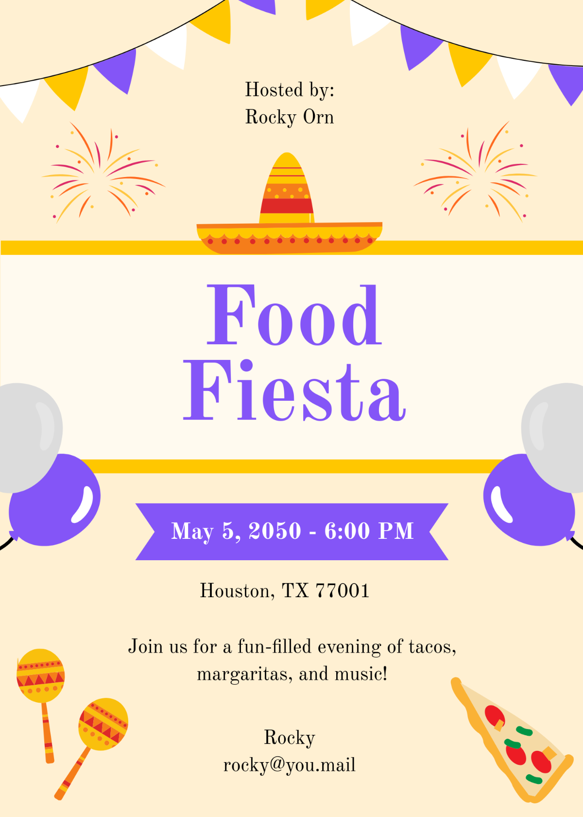 Free Purple and Yellow Fiesta Food Invitation Template