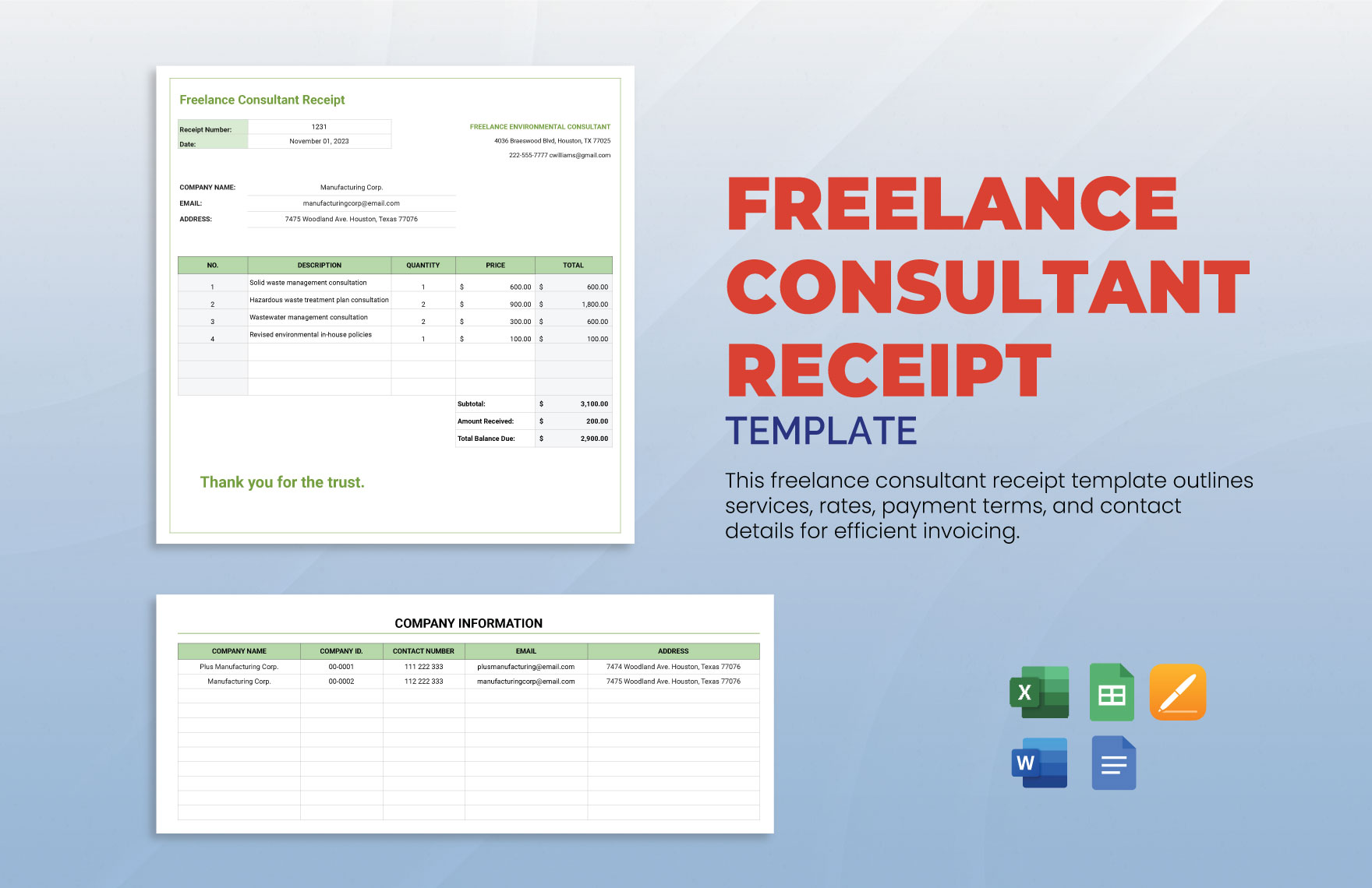 Freelance Consultant Receipt Template - Download in Word, Google Docs ...