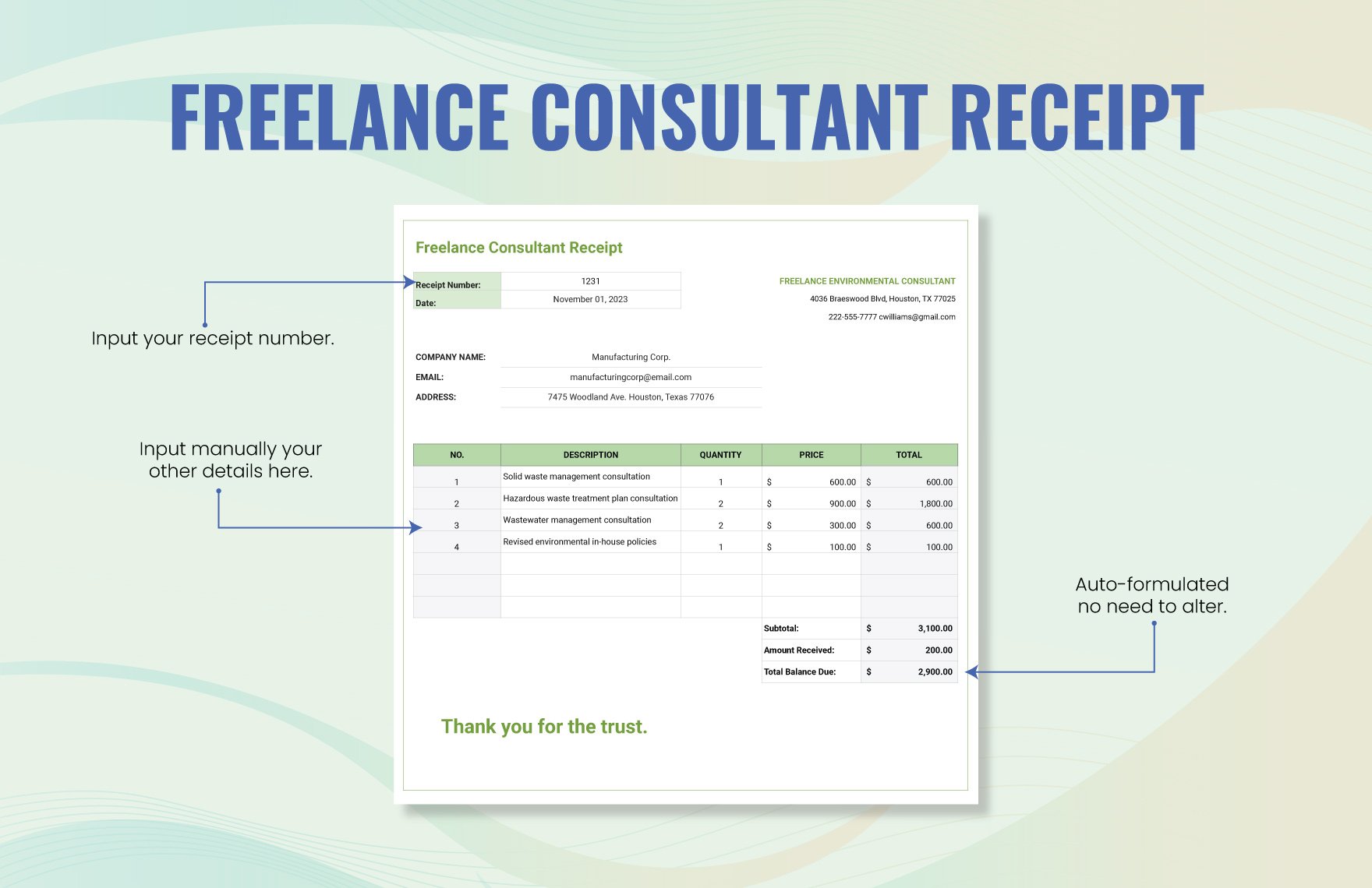 Freelance Consultant Receipt Template in Google Docs, Word, Apple ...