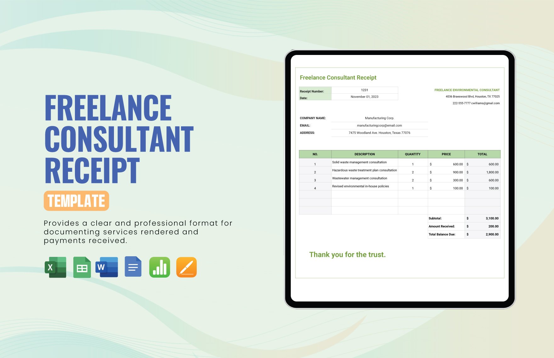 Freelance Consultant Receipt Template in Word, Google Docs, Excel, Google Sheets, Apple Pages, Apple Numbers