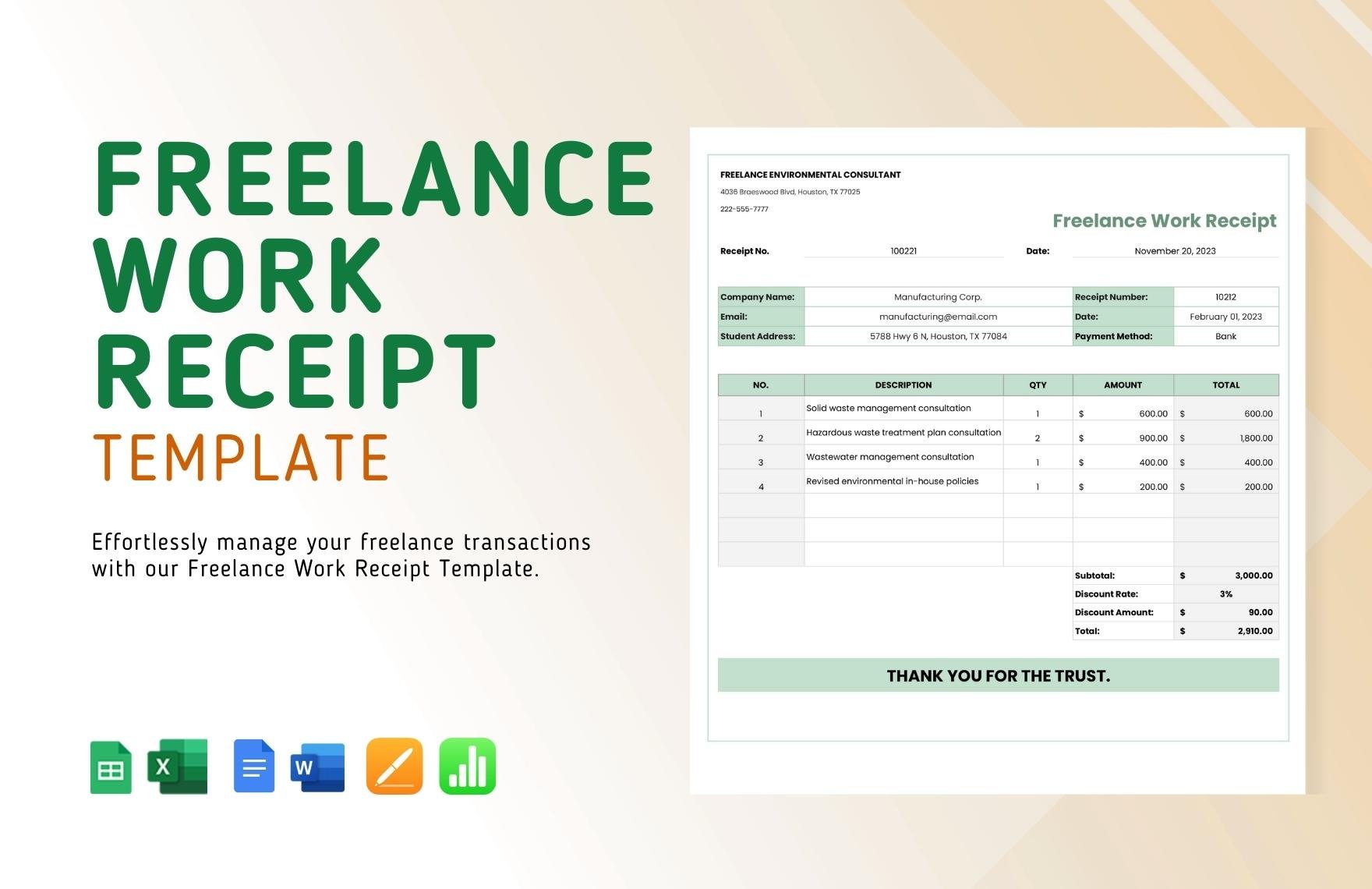 Freelance Work Receipt Template in Word, Google Docs, Excel, Google Sheets, Apple Pages, Apple Numbers