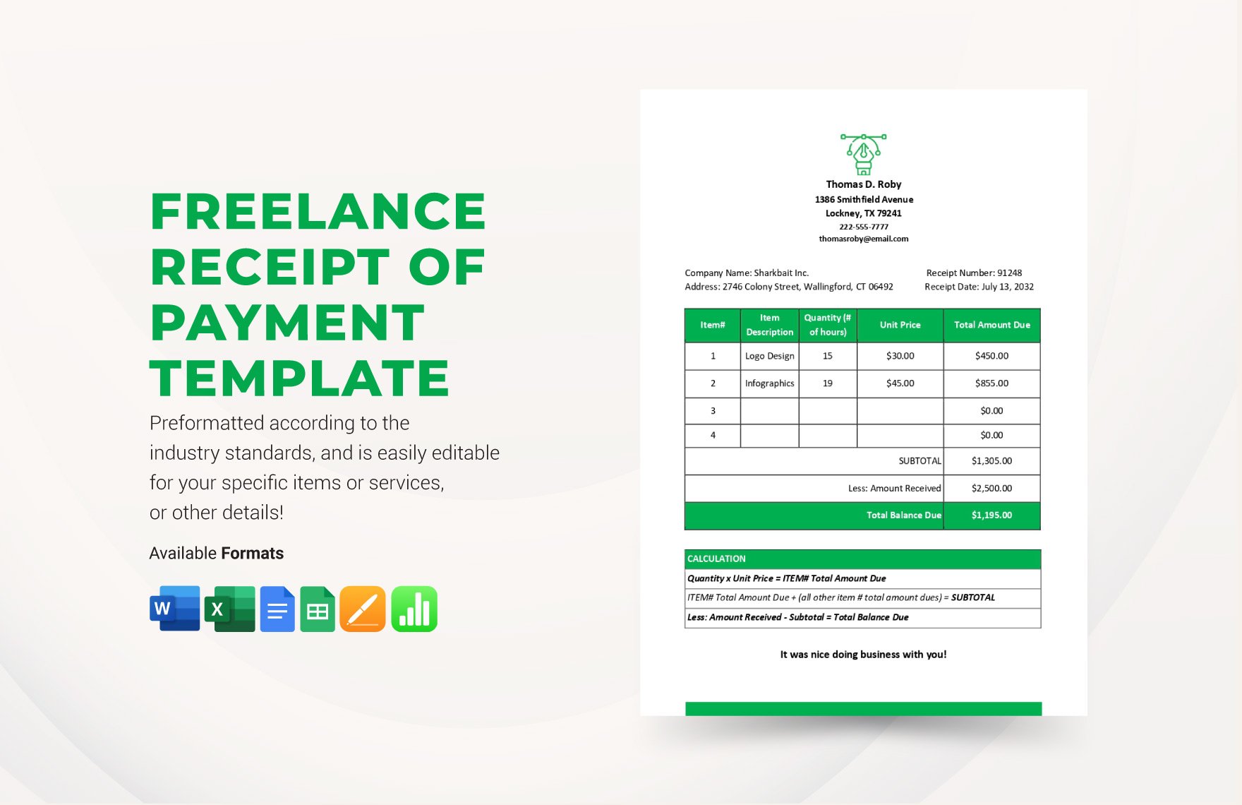 Freelance Receipt of Payment Template in Word, Google Docs, Excel, Google Sheets, Apple Pages, Apple Numbers