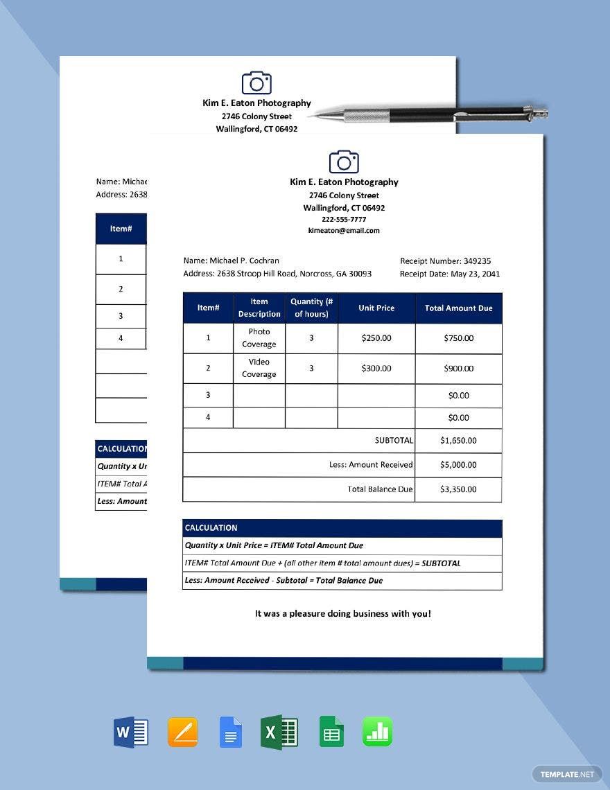 Freelance Services Receipt Template in Word, Google Docs, Excel, Google Sheets, Apple Pages, Apple Numbers