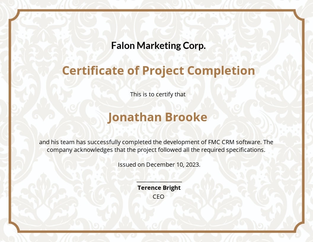 Project Completion Certificate Template - Google Docs, Illustrator, Word, Apple Pages, PSD, Publisher