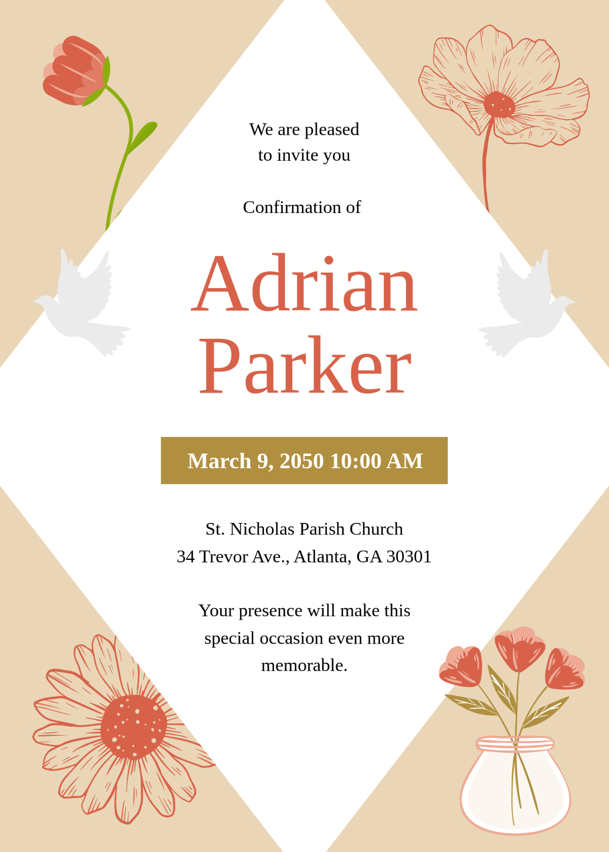 Free Beige Garden Confirmation Invitation Template