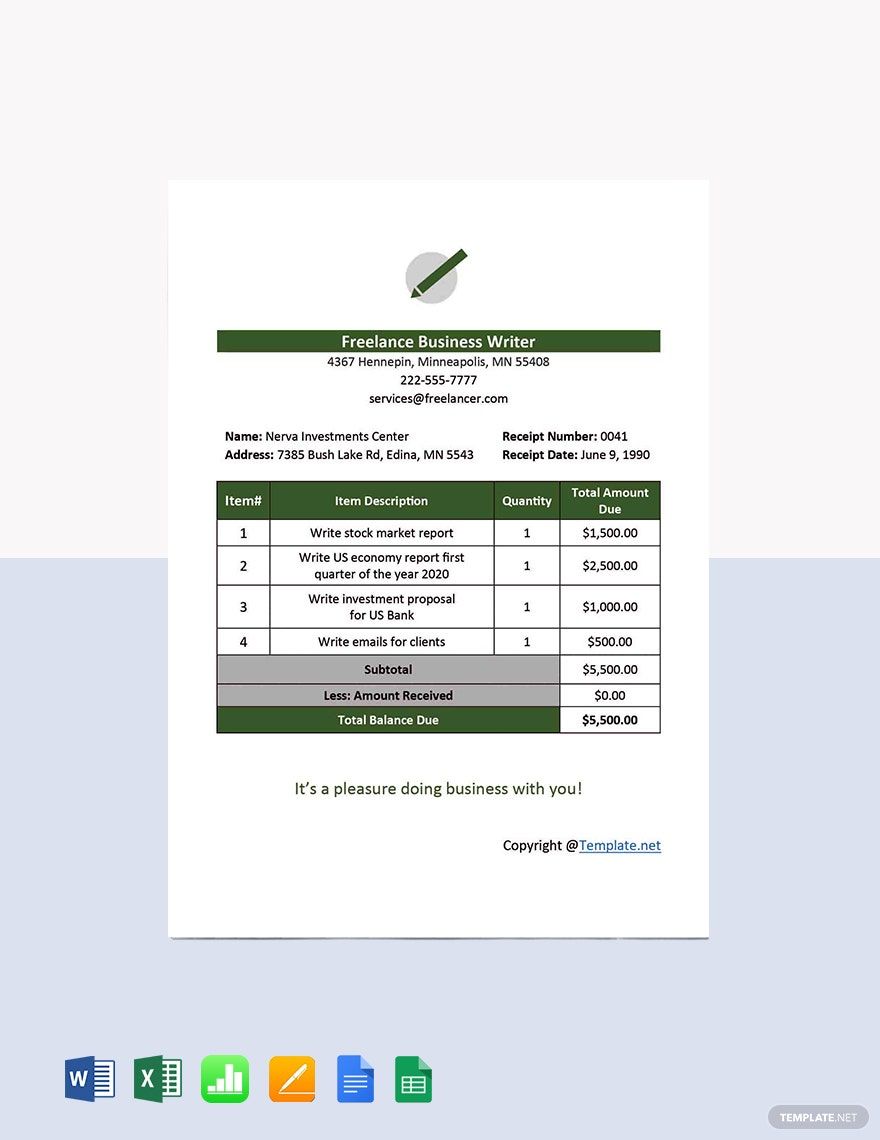 Basic Freelance Receipt Template in Word, Google Docs, Excel, Google Sheets, Apple Pages, Apple Numbers