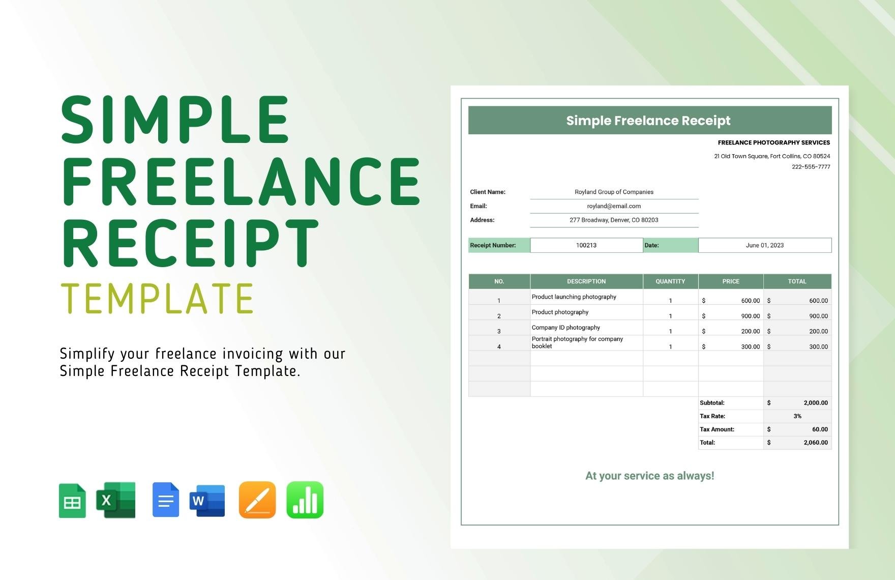 Simple Freelance Receipt Template in Word, Google Docs, Excel, Google Sheets, Apple Pages, Apple Numbers