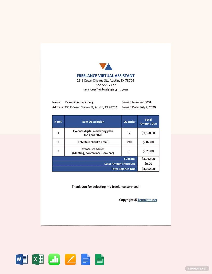 FREE Freelancer Receipt Template Download In Word Google Docs Excel PDF Google Sheets