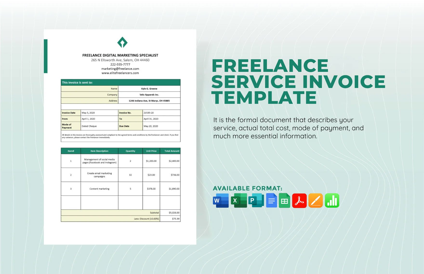 Freelance Service Invoice Template in Word, Google Docs, Excel, PDF, Google Sheets, Apple Pages, Publisher, Apple Numbers