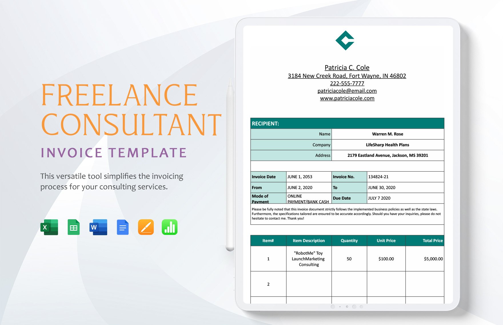 Freelance Consultant Invoice Template in Word, Google Docs, Excel, Google Sheets, Apple Pages, Apple Numbers