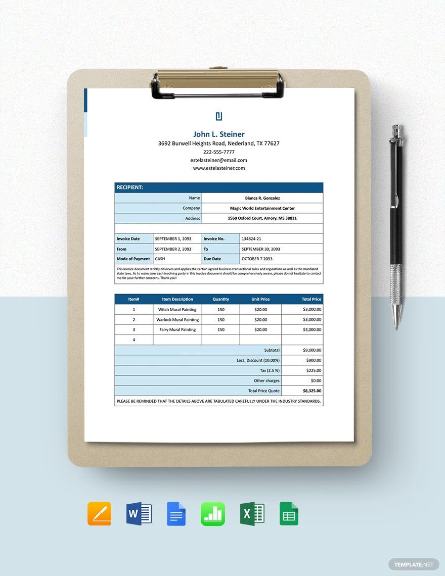 Freelance Artist Invoice Template in Word, Google Docs, Excel, Google Sheets, Apple Pages, Apple Numbers