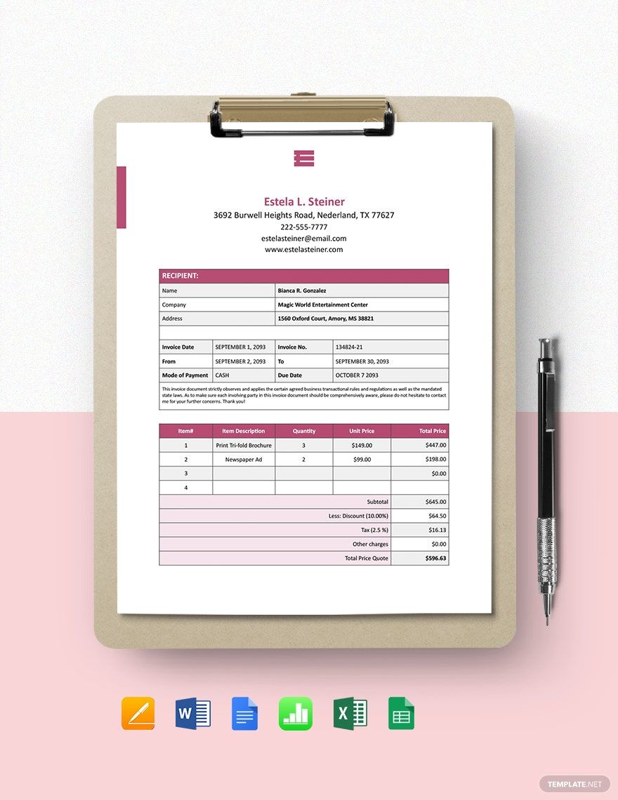 Freelance Design Invoice Template in Word, Google Docs, Excel, PDF, Google Sheets, Apple Pages, Apple Numbers