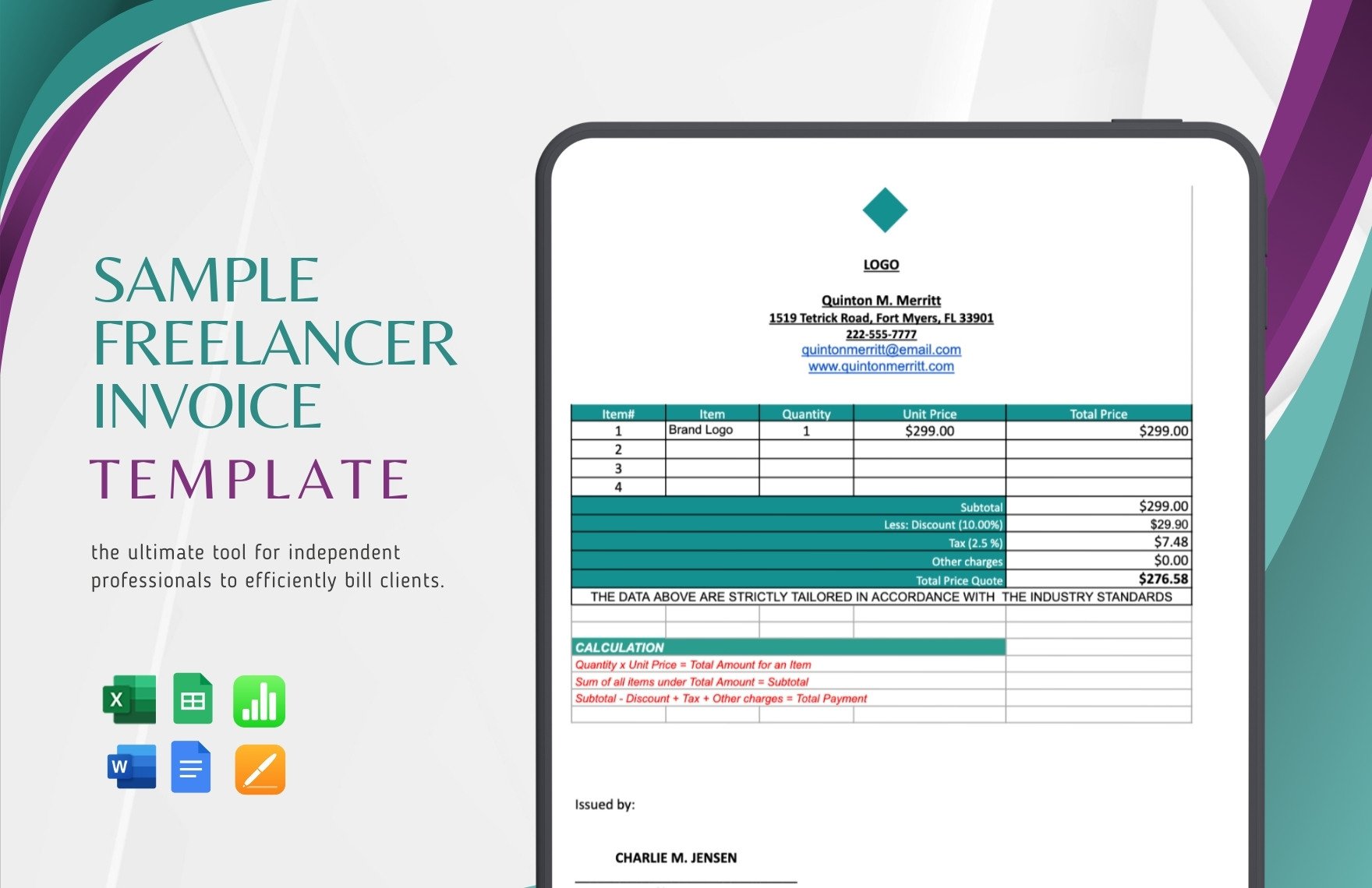 Sample Freelancer Invoice Template in Word, Google Docs, Excel, Google Sheets, Apple Pages, Apple Numbers
