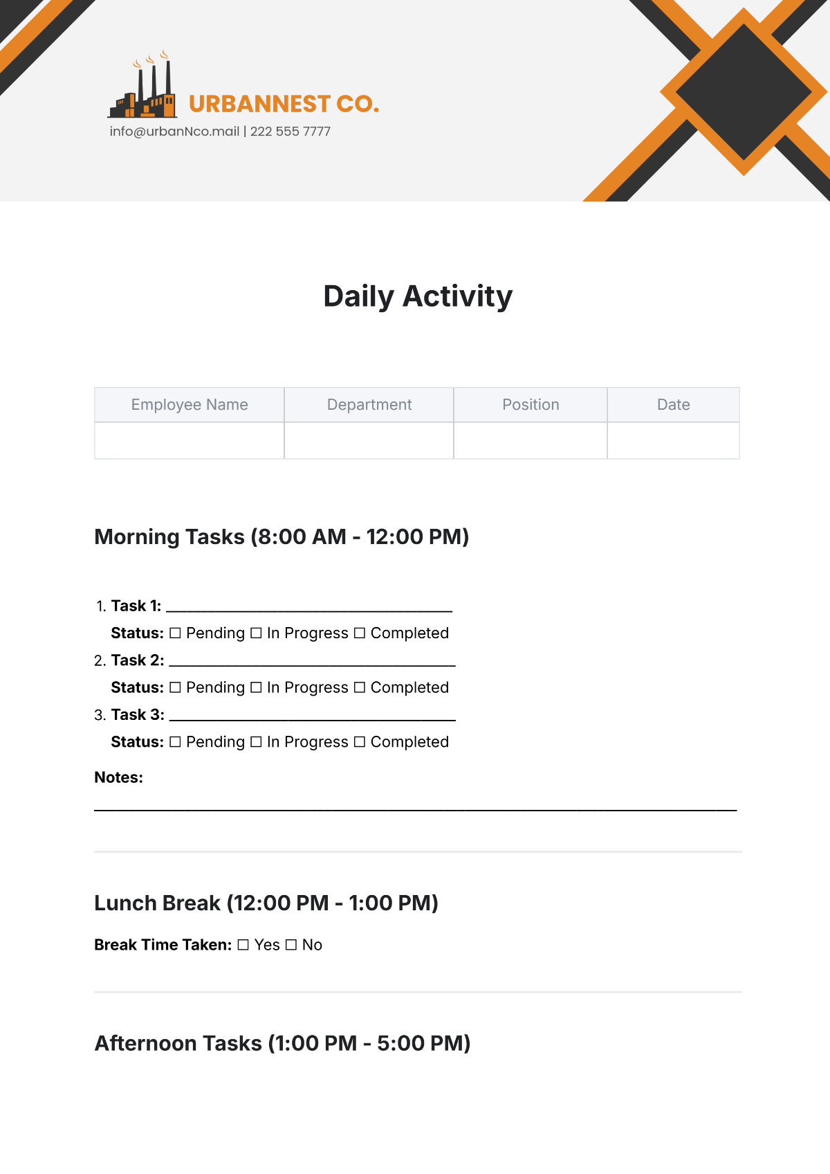 Daily Activity Template