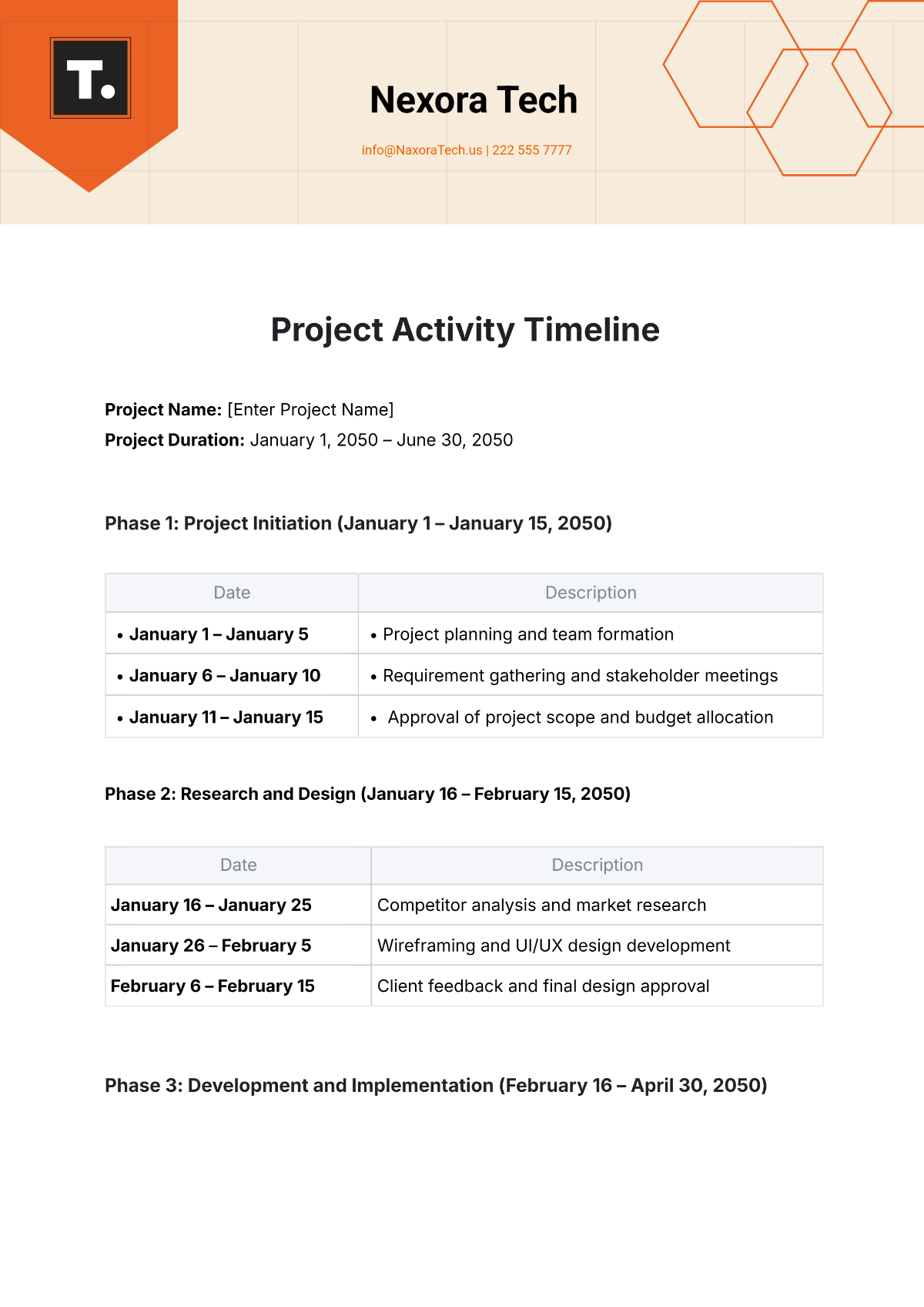 Free Project Activity Timeline Template