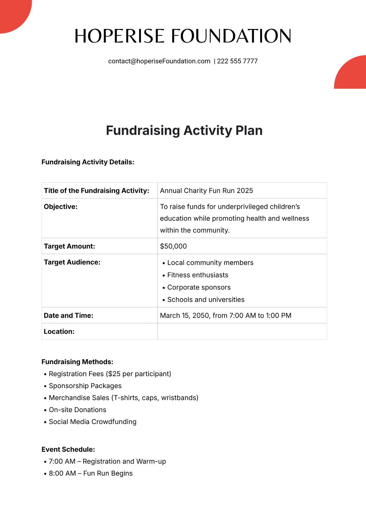 Free Fundraising Activity Plan Template to Edit Online