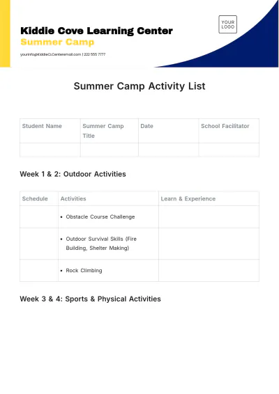 Free Summer Camp Activity List Template to Edit Online