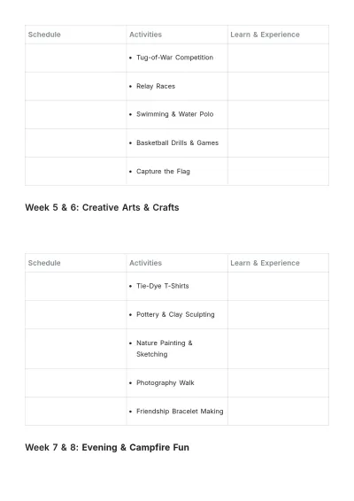 Free Summer Camp Activity List Template to Edit Online