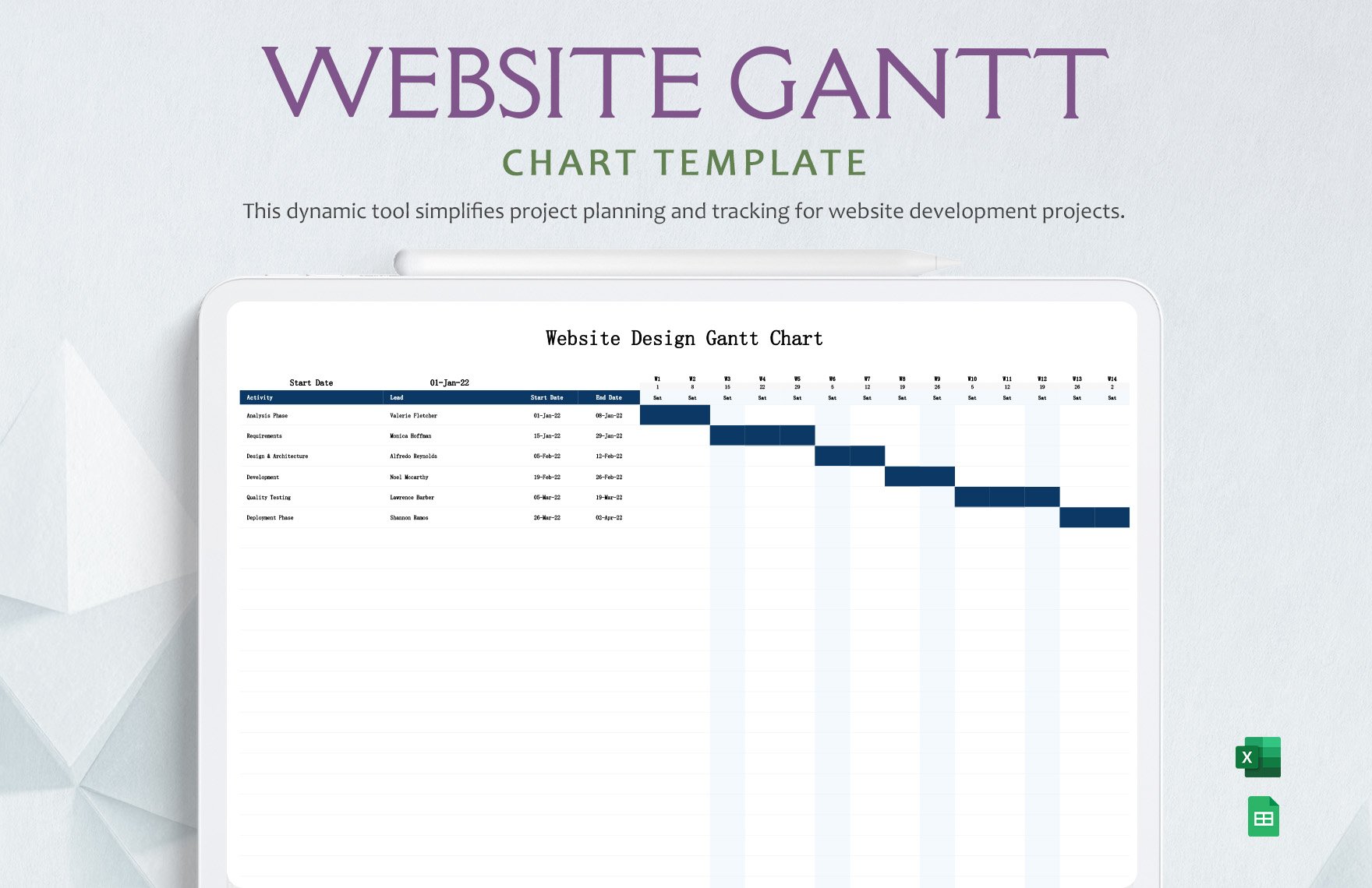 Website Design Gantt Chart Template in Excel