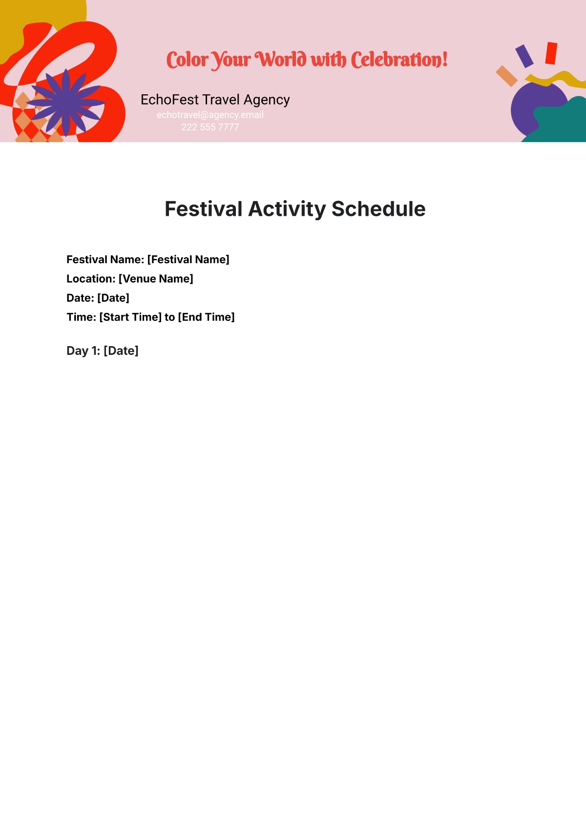 Free Festival Activity Schedule Template to Edit Online