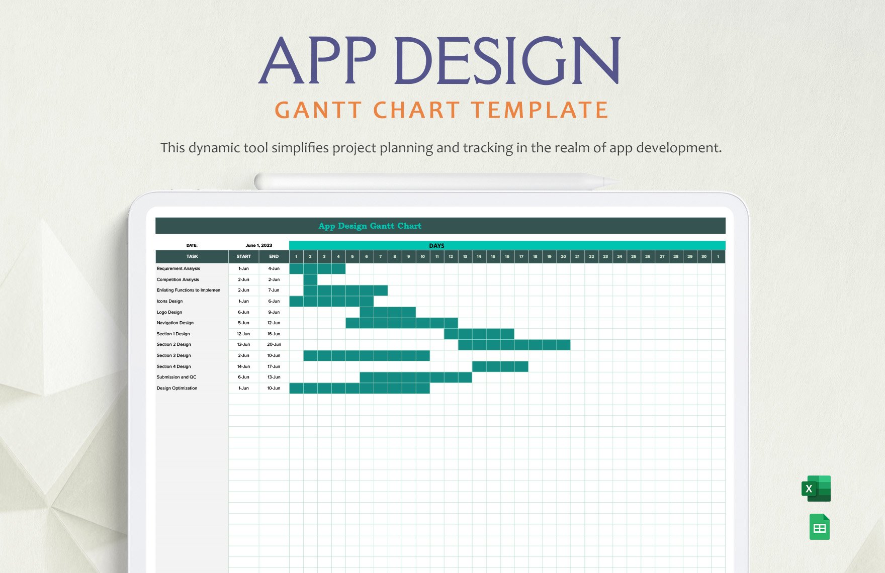App Design Gantt Chart Template in Excel, Google Sheets
