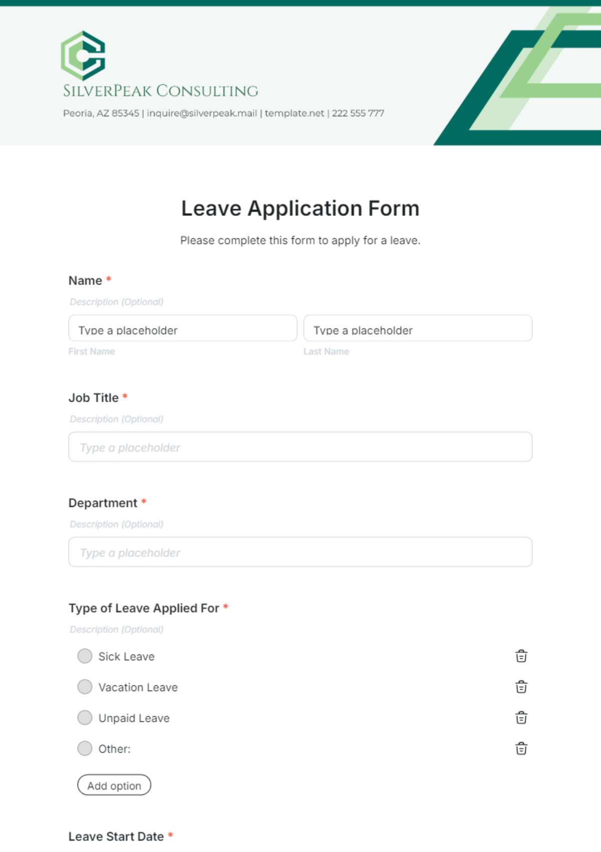 Free Leave Application Form Template