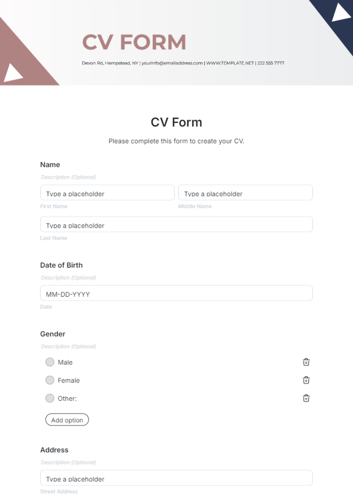 Free CV Form Template