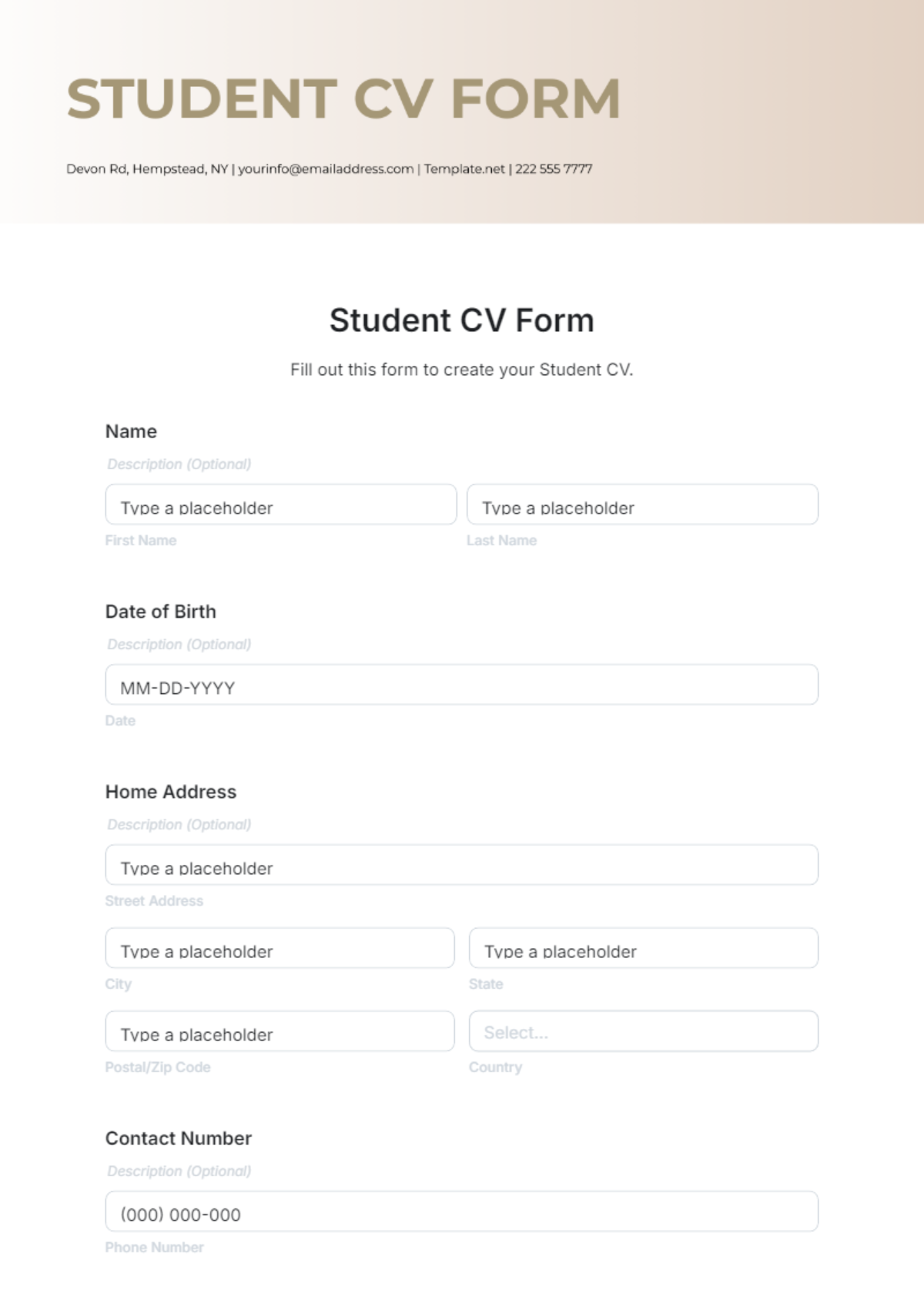 Free Student CV Form Template