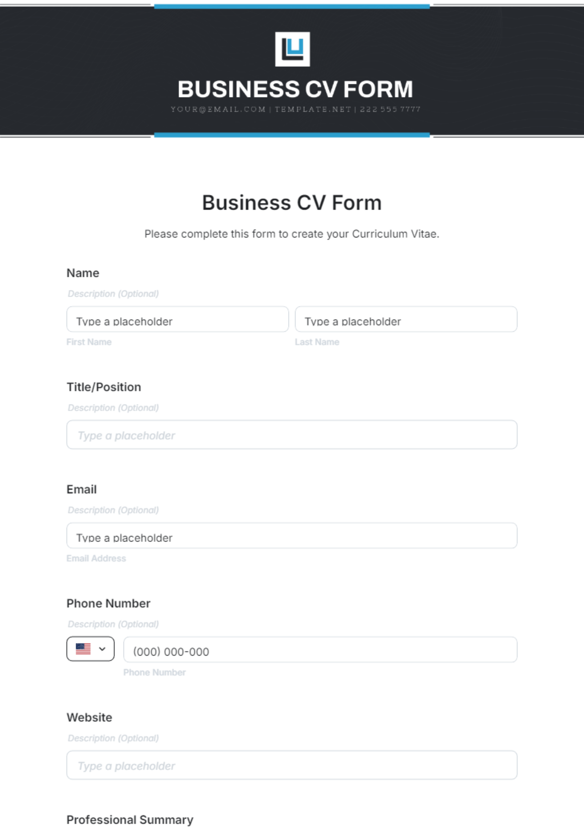 Free Business CV Form Template