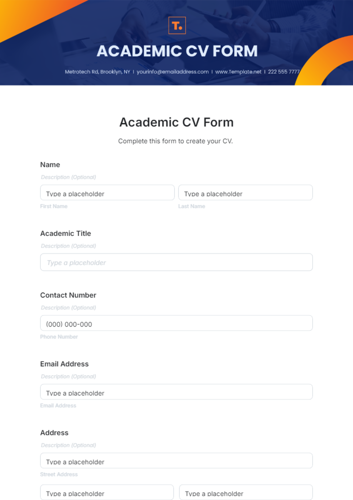 Free Academic CV Form Template