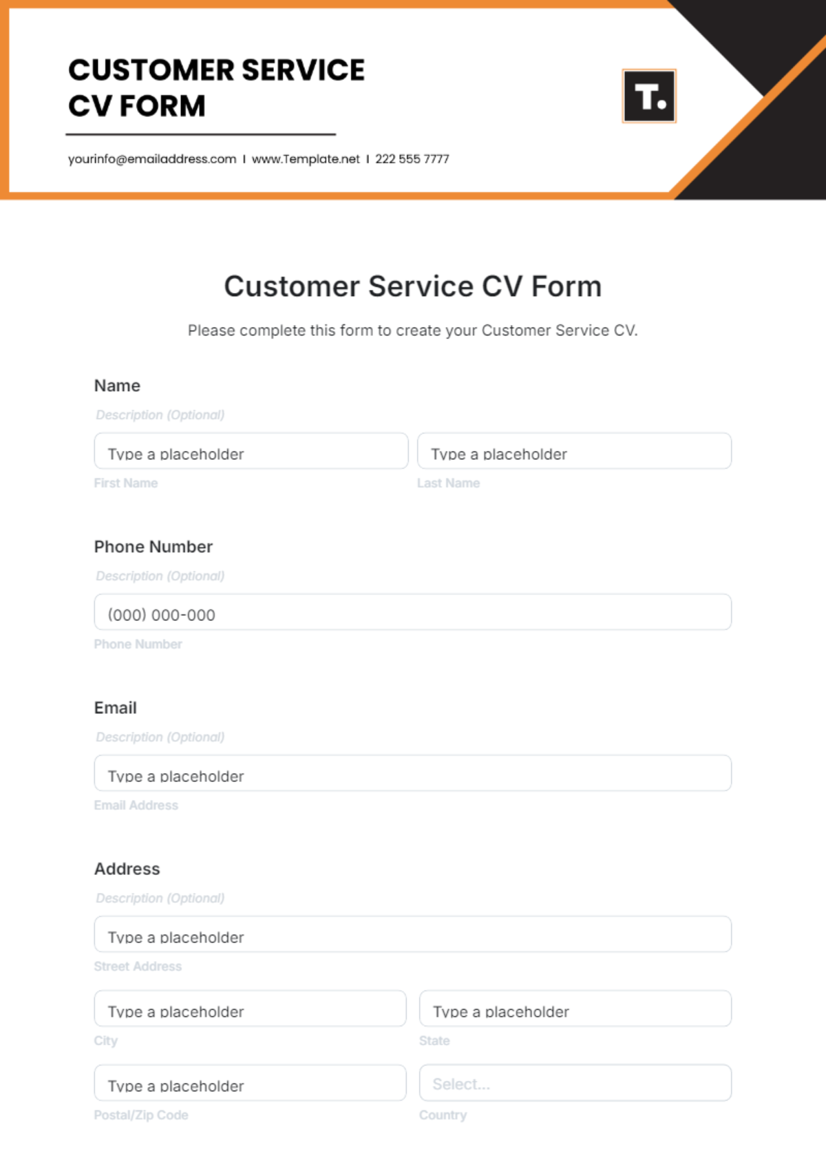 Free Customer Service CV Form Template