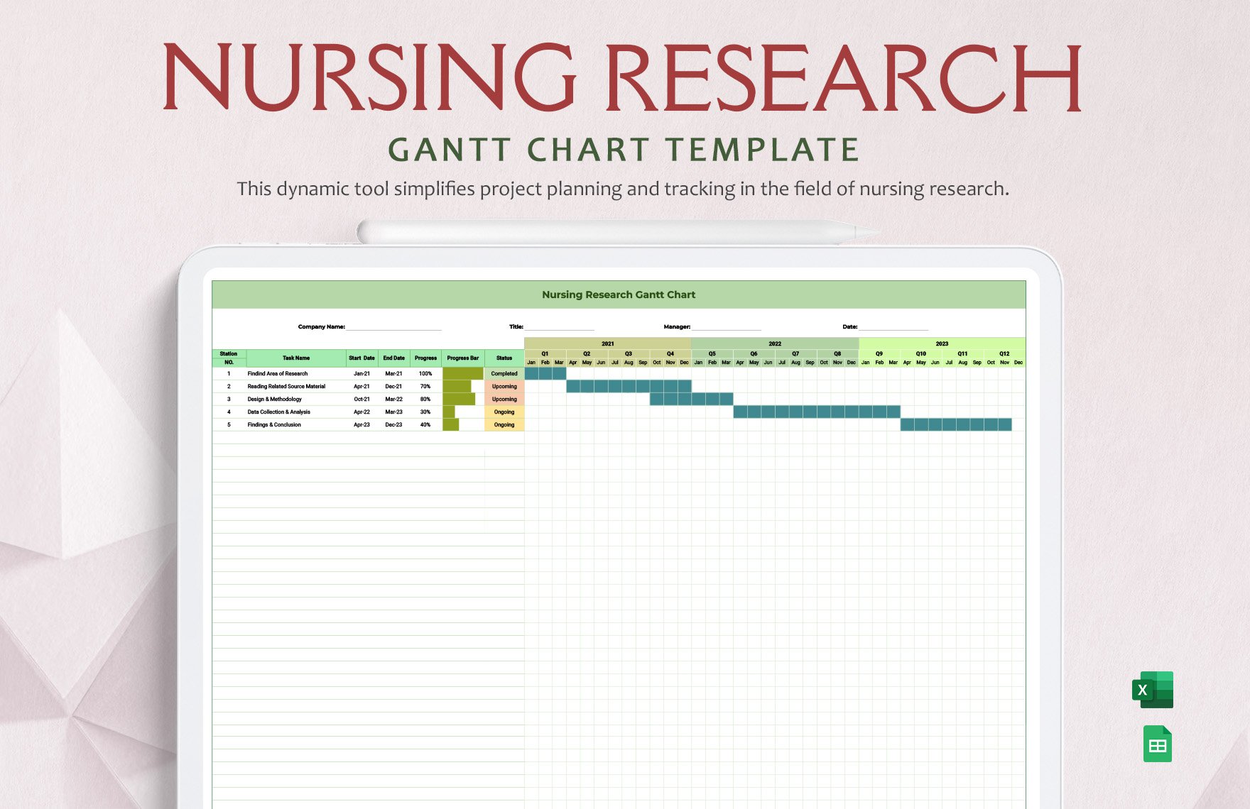 Nursing Research Gantt Chart Template in Excel, Google Sheets