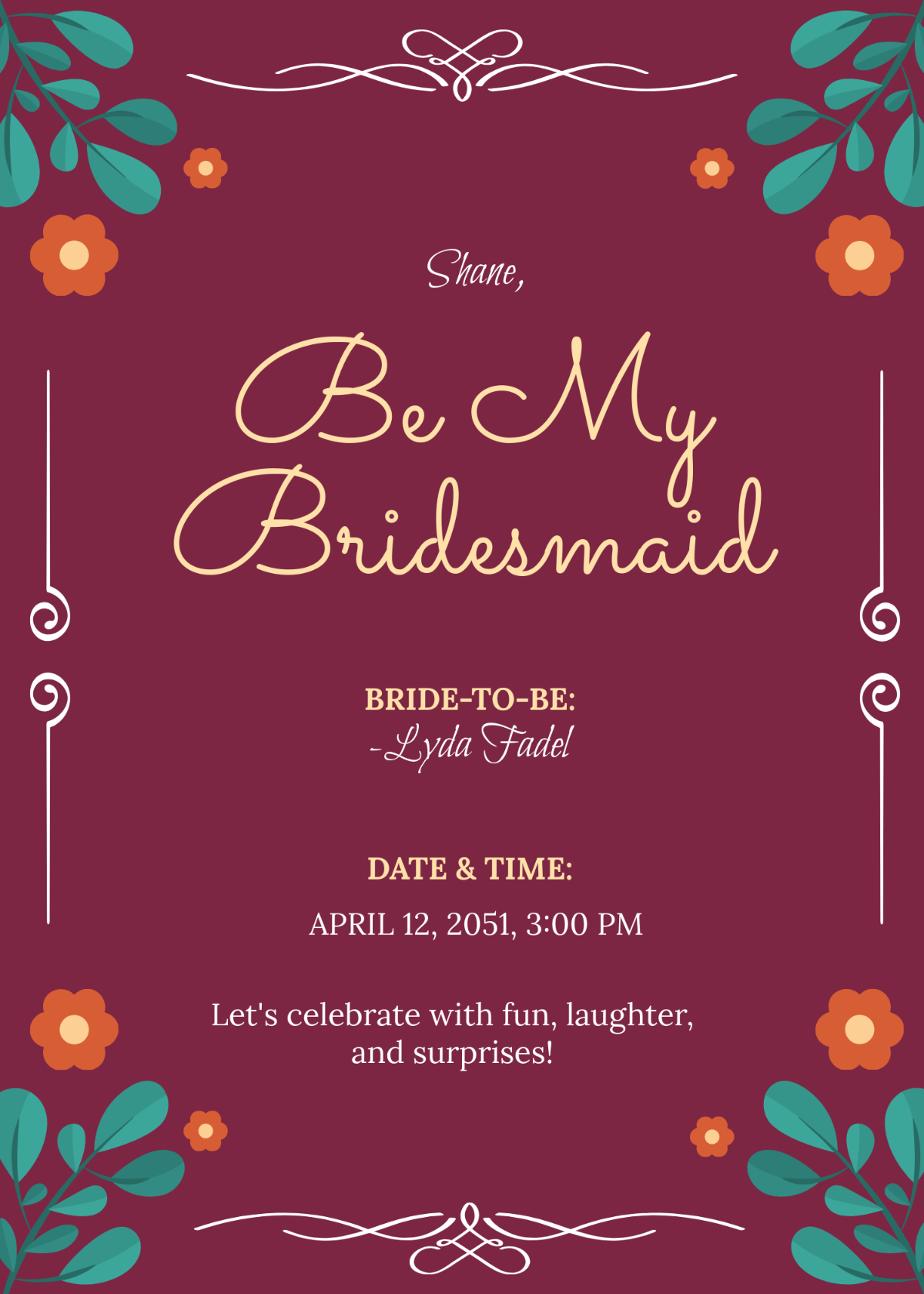 Free Be My Bridesmaid Proposal Invitation Template