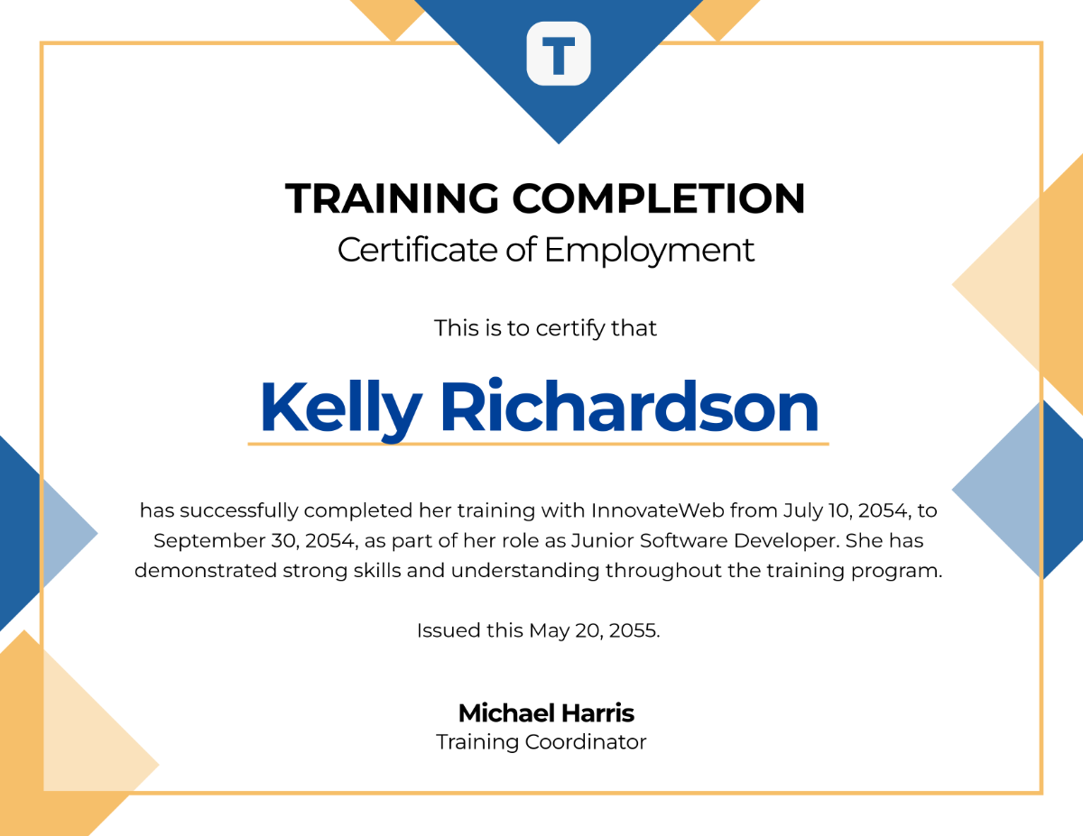 Free Training Completion Certificate of Employment Template