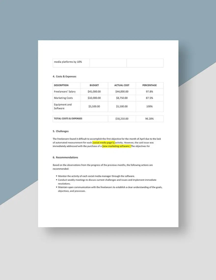 Monthly Freelance Project Report Template