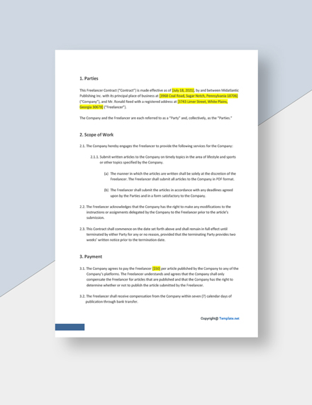 Sample Freelancer Contract Template - Google Docs, Word, PDF | Template.net