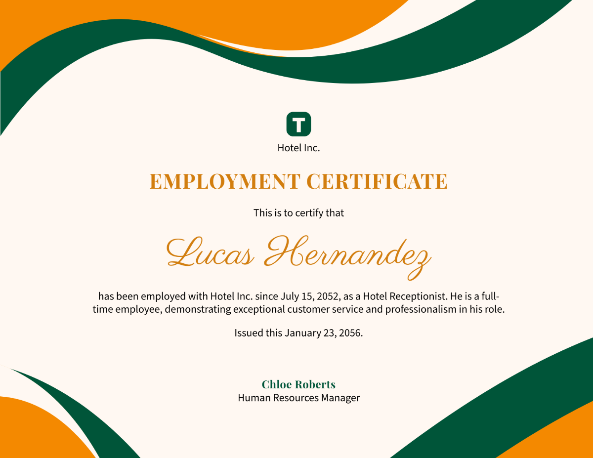 Free Hospitality Employment Certificate Template