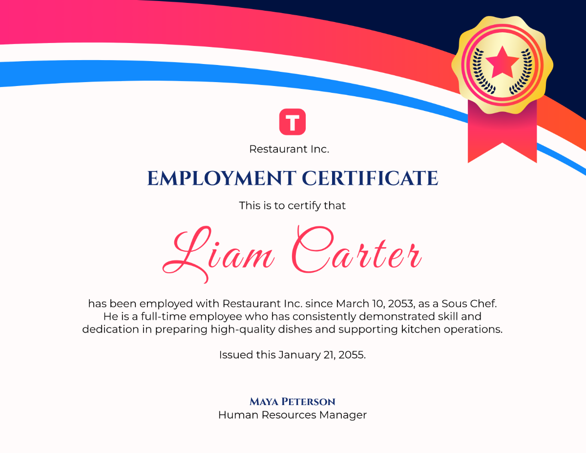 Free Restaurant Employment Certificate Background Template