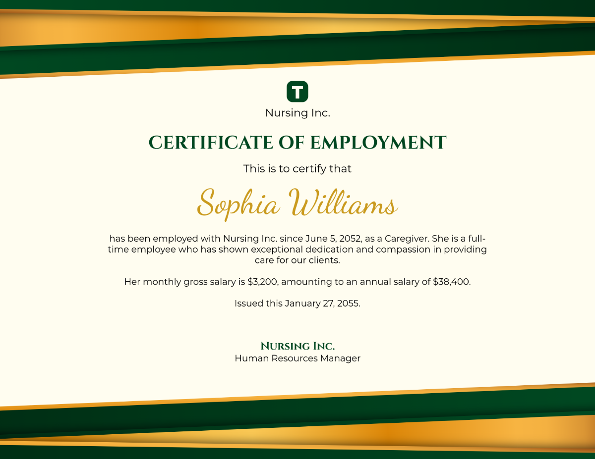 Free Caregiver Certificate of Employment Template