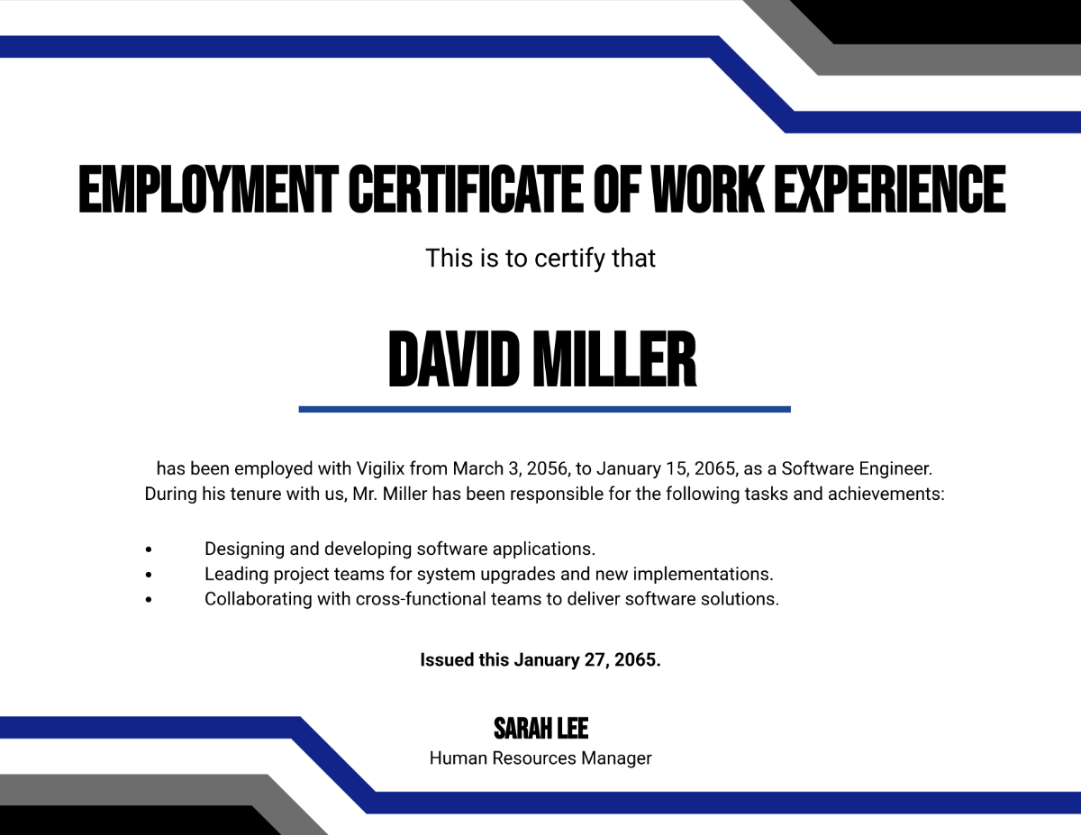 Free Employment Certificate of Work Experience Template