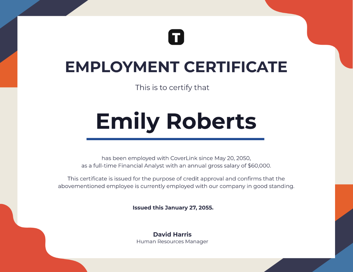 Free Employment Certificate for Credit Approval Template