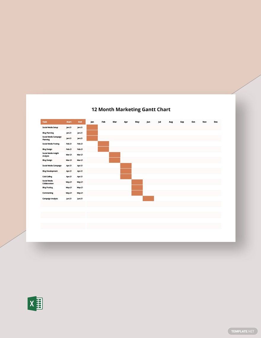 12 Month Marketing Gantt Chart Template Excel