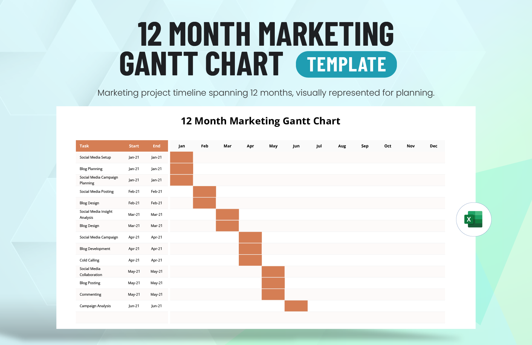 12 Month Marketing Gantt Chart Template in Excel