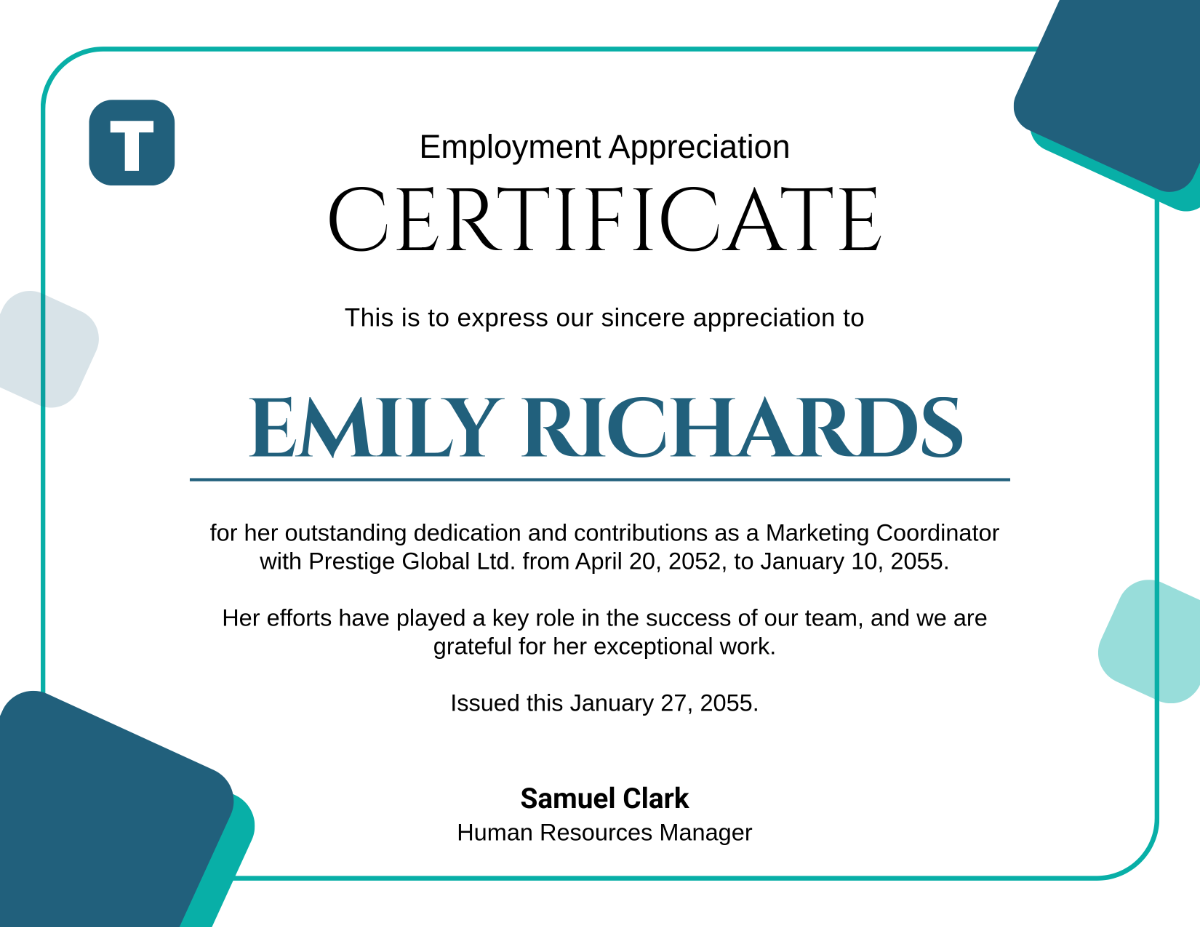 Free Employment Appreciation Certificate Template